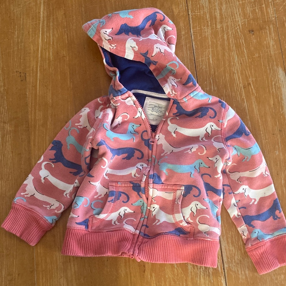 Mini Boden Pink Zip Hoodie Dachshund Dog Girl’s Size 2-3Y *stains